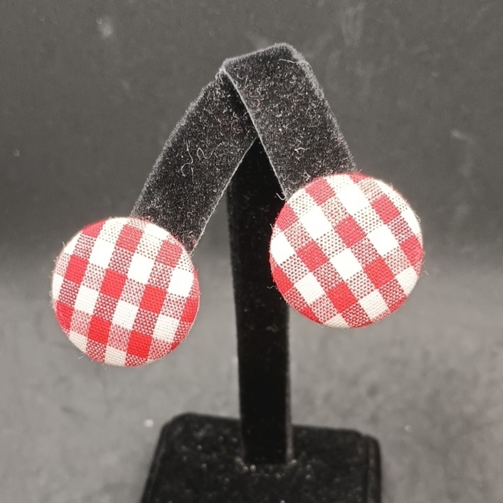 Red and White Checkered Fabric Button Earrings